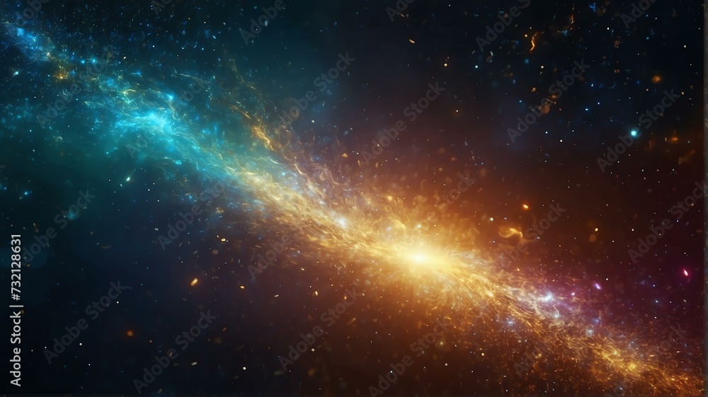 Asymmetric colorful light burst with rays and golden sparkles bokeh on space cosmos galaxy background from Generative AI
