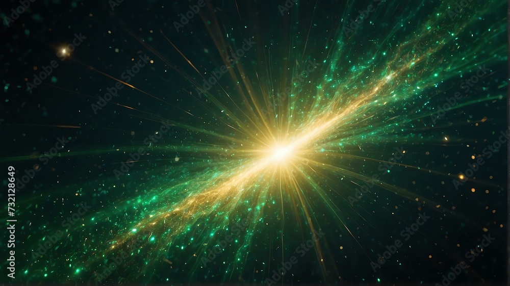 Fototapeta premium Asymmetric green light burst with rays and golden sparkles bokeh on space cosmos galaxy background from Generative AI
