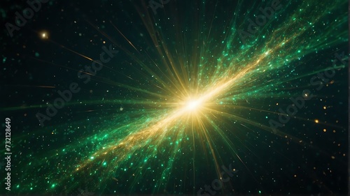 Asymmetric green light burst with rays and golden sparkles bokeh on space cosmos galaxy background from Generative AI