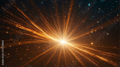 Asymmetric orange light burst with rays and golden sparkles bokeh on space cosmos galaxy background from Generative AI © Arceli