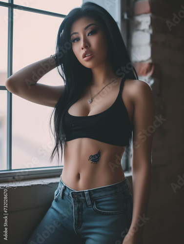 A young  Chinese woman wearing a black crop top and jeans  displaying a stomach tattoo  stands in front of a window