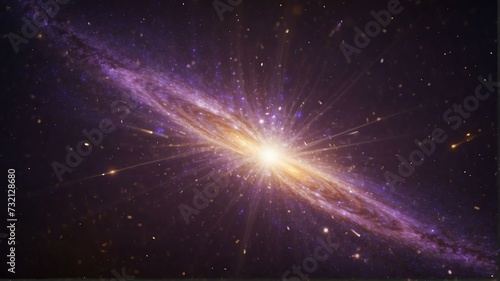 Asymmetric purple light burst with rays and golden sparkles bokeh on space cosmos galaxy background from Generative AI