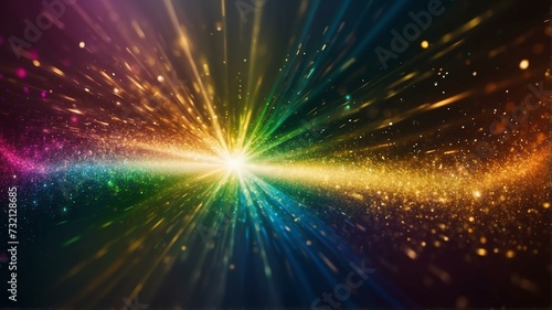 Asymmetric rainbow colored light burst with rays and golden sparkles bokeh background from Generative AI