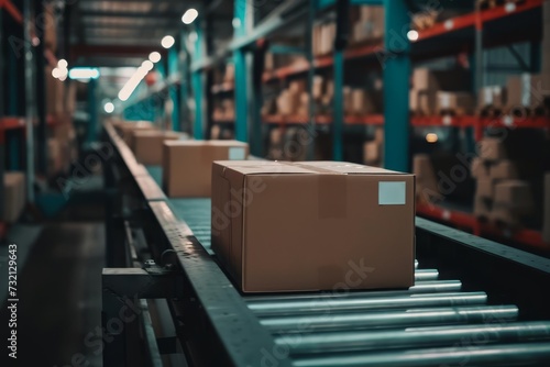 Close-up of cardboard boxes moving on a conveyor belt in a fulfillment center Highlighting the efficiency of e-commerce Delivery services And automated logistics © Bijac