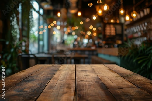 Coffee shop and restaurant blurred background with an empty wooden table in the foreground Setting the scene for product display or montage in a cozy atmosphere
