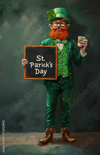 Man in the form leprechaun stands against background St. Patrick's Day sign, full green hat traditional Irish clothing