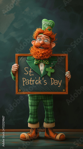 Animated character embodying leprechaun holds "St. Patrick's Day" sign, complete green hat, traditional Irish attire