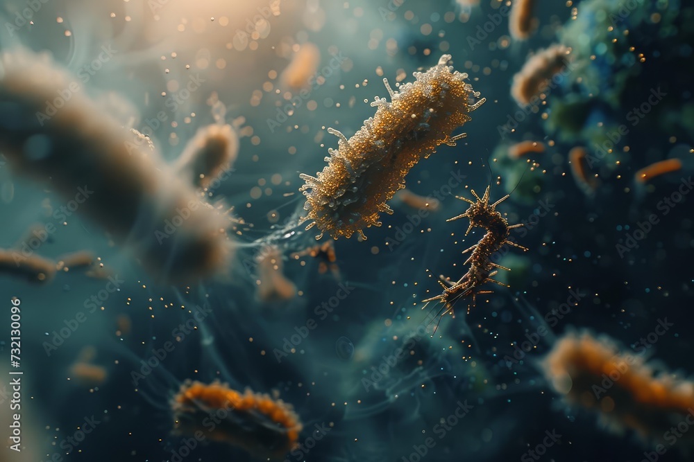 Macro shot of bacteria and virus cells in a lab Illustrating the intricate details of microbiology and the importance of scientific research in understanding and combating diseases Macro shot of bacteria and virus cells in a lab Illustrating the intricate details of microbiology and the importance of scientific research in understanding and combating diseases