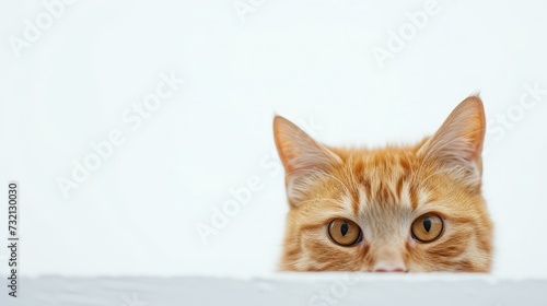 ginger cat peeking out from behind a white wall, selective focus