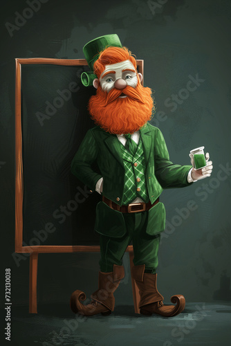 Man in the form leprechaun stands against background St. Patrick's Day sign, full green hat traditional Irish clothing