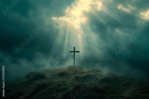 Holy cross symbolizing the death and resurrection of jesus christ Set against a dramatic sky over golgotha hill With rays of light piercing through the clouds