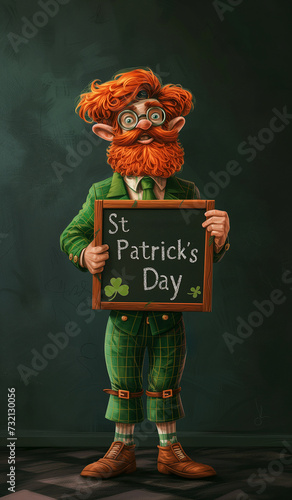 Animated character embodying leprechaun holds "St. Patrick's Day" sign, complete green hat, traditional Irish attire