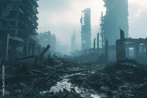 Post-apocalyptic cityscape with ruins and destruction Evoking a sense of desolation and the resilience required to survive in a drastically changed world photo