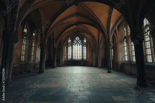 Renaissance-inspired empty hall with dark gothic elements Creating a mysterious and atmospheric backdrop for creative and historical projects Emphasizing depth and architectural beauty