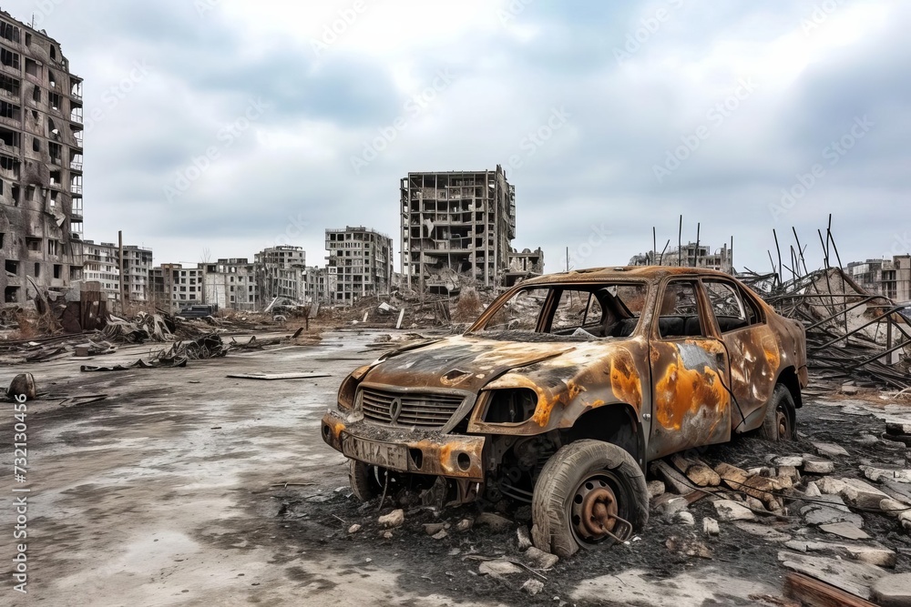 A post-apocalyptic ruined city Depicting the aftermath of destruction With burnt-out vehicles and destroyed buildings Symbolizing the resilience required to rebuild and recover