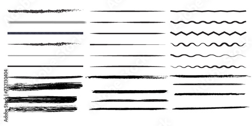 Set of wavy horizontal lines. Marker hand-drawn line border set and scribble design elements. Lines hand drawn paint brush stroke. Vector set isolated on white. Hand drawn scribble.Black ink texture photo