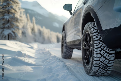 Winter tire showcasing an suv on a snowy road Emphasizing safety and reliability for family travel to ski resorts Capturing the essence of winter adventures and family vacations