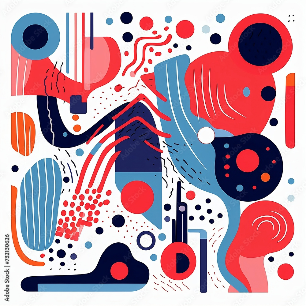 A colorful cartoon abstract design, in the style of light navy and red, line and dot work, color-blocked shapes, bold and dynamic, abstraction-création, bold graphic designs, 1:1.