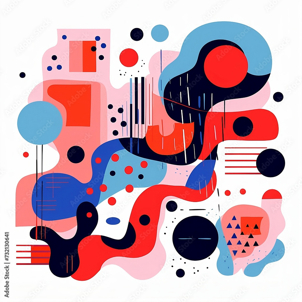 A colorful cartoon abstract design, in the style of light navy and red, line and dot work, color-blocked shapes, bold and dynamic, abstraction-création, bold graphic designs, 1:1.