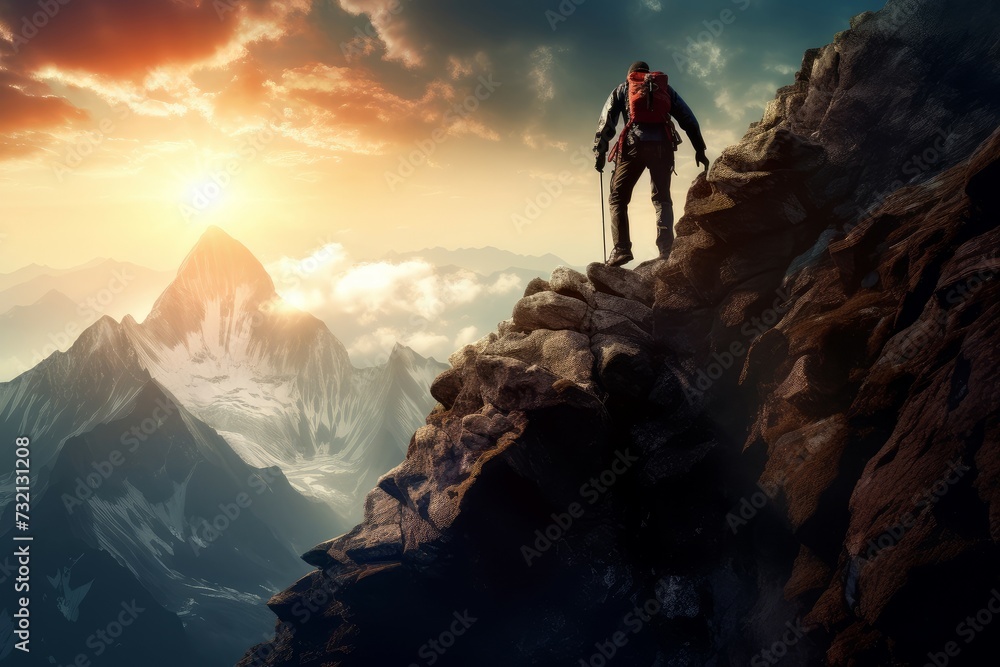 Fototapeta premium Ambitious Man climbing mountain. Man outdoor fit. Generate Ai