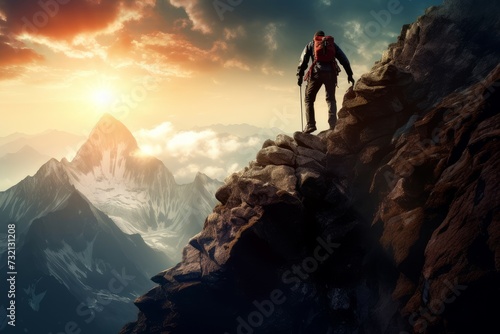 Ambitious Man climbing mountain. Man outdoor fit. Generate Ai
