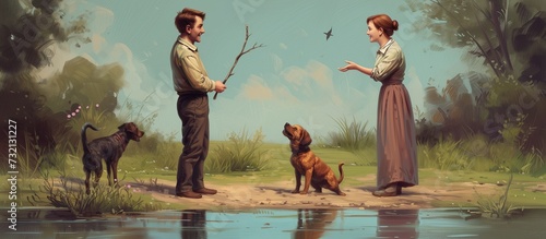Old oil painting representing two people playing with dogs in nature by the river on a summer day, the man is about to throw a stick for the dogs to bring it back, a good walk on sunday afternoon