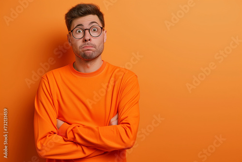 Surprised confused man with space for copy