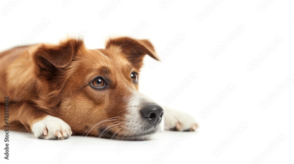 Cute dog lying on white background. Focus on the eyes. Cute dog lying on white background. Focus on the eyes.