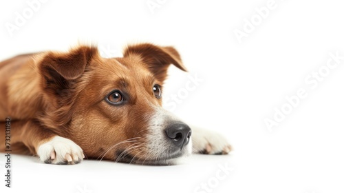 Cute dog lying on white background. Focus on the eyes.
