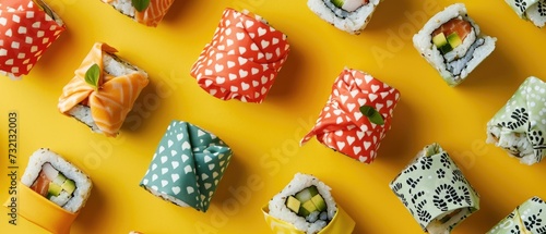 A vibrant collection of neatly organized sushi rolls adorned with colorful patterns  perfect for a  makeup holder. Generative AI.