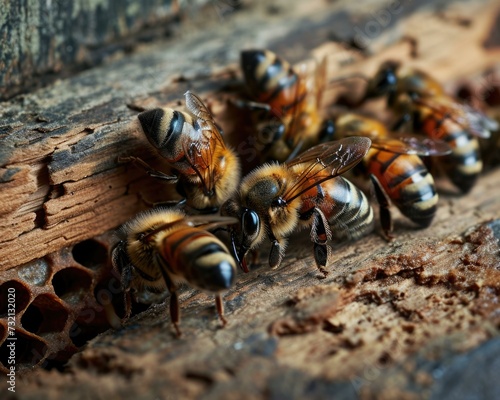 A cluster of honeybees buzzing around a wooden board. Generative AI. © serg3d