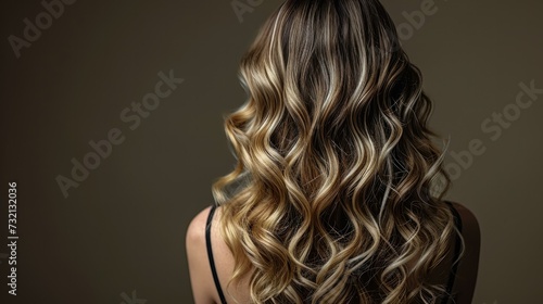 Beautiful blonde woman with long wavy hair, isolated on brown background. Haircare concept. Generative AI.