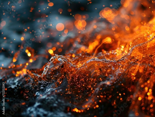 A close up of a lava flow with orange flames. Generative AI.