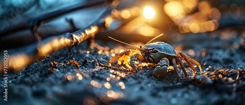 An adventurous hermit crab on a branch with a glowing light in the background. Generative AI.