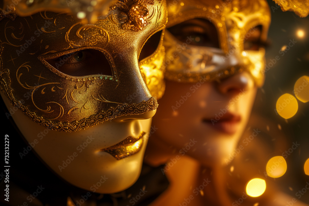 Two women wearing carnival masks are standing next to each other