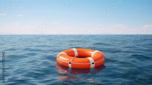 An orange lifebuoy floats on the open sea created with Generative AI