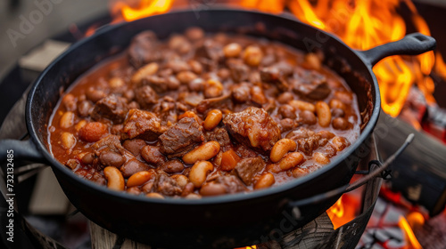 Savory beans and chunks of tender beef simmering in a thick and y tomato sauce all cooked to perfection over the open flames of a campfire. The perfect comfort food for a