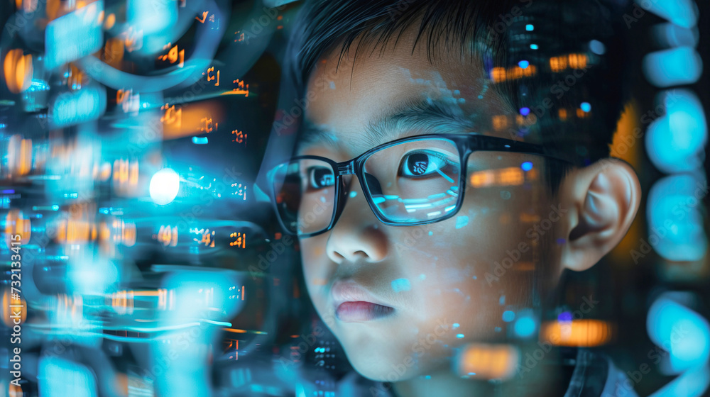 Young Asian boy looking at hologram screen image in data center. Future concept technology