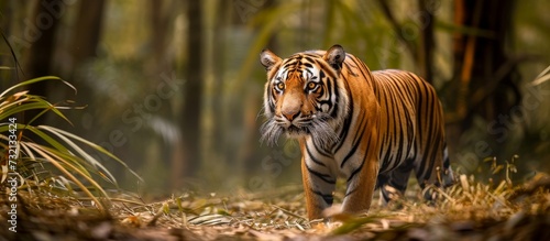 A Bengal tiger  a carnivorous big cat  gracefully prowls through a lush green forest  its stripes blending with the natural landscape while its whiskers sense the surroundings.