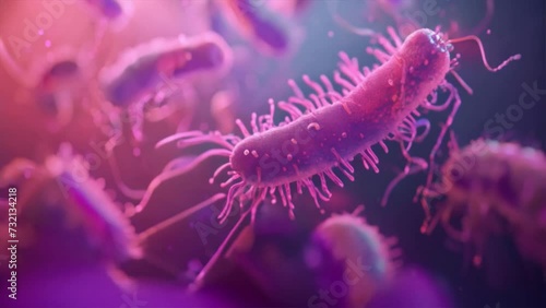 A microscopic view of E. coli bacteria with antibiotic effect, showcasing their distinctive rod shape and flagella amidst other cellular debris in a vibrant, almost alien landscape photo
