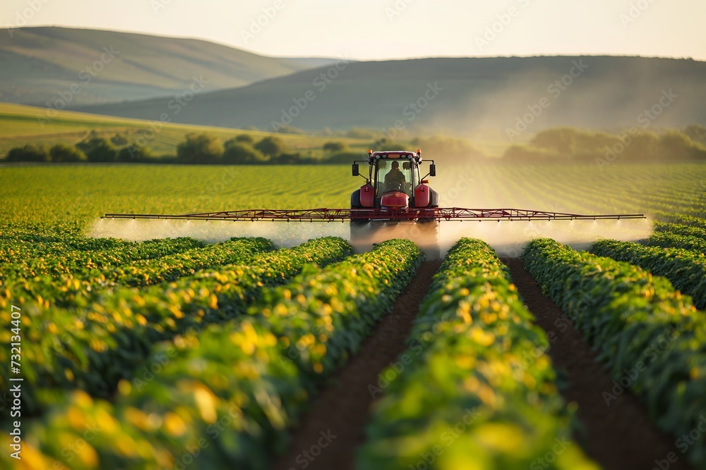 Fototapeta premium Spraying crops in rural farmland