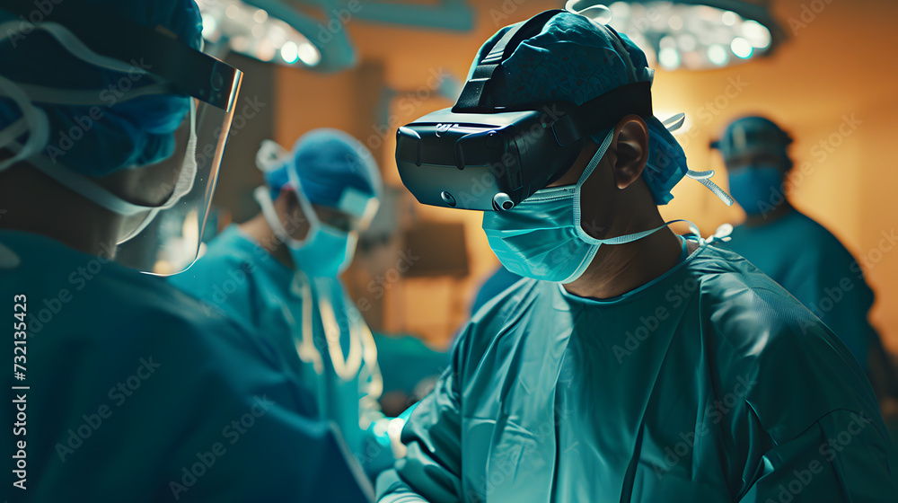 A doctor using a virtual reality headset to perform surgery, showing how technology will be used to improve healthcare in the future. A doctor using a virtual reality headset to perform surgery, showing how technology will be used to improve healthcare in the future.