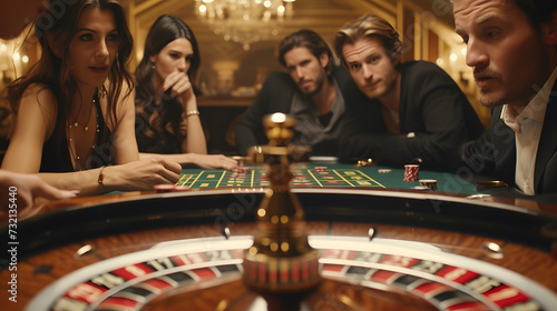 A group of people sitting around a roulette table, with their eyes glued to the wheel, each with different expressions of excitement, anticipation, and nervousness.