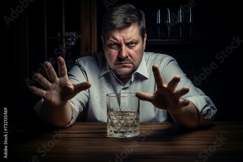 Abstemious Man refusing vodka drink glass. Male character rejects alcoholic beverage bad habit. Generate ai