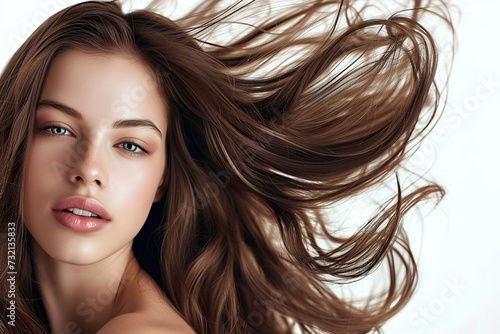 closeup photo portrait of a beautiful young female model woman shaking her beautiful brunette hair in motion for shampoo conditioner hair products