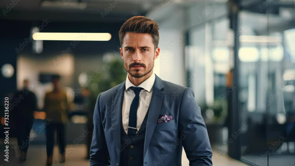 Young professional business Caucasian man standing and smile in blur office background. Young professional business Caucasian man standing and smile in blur office background.