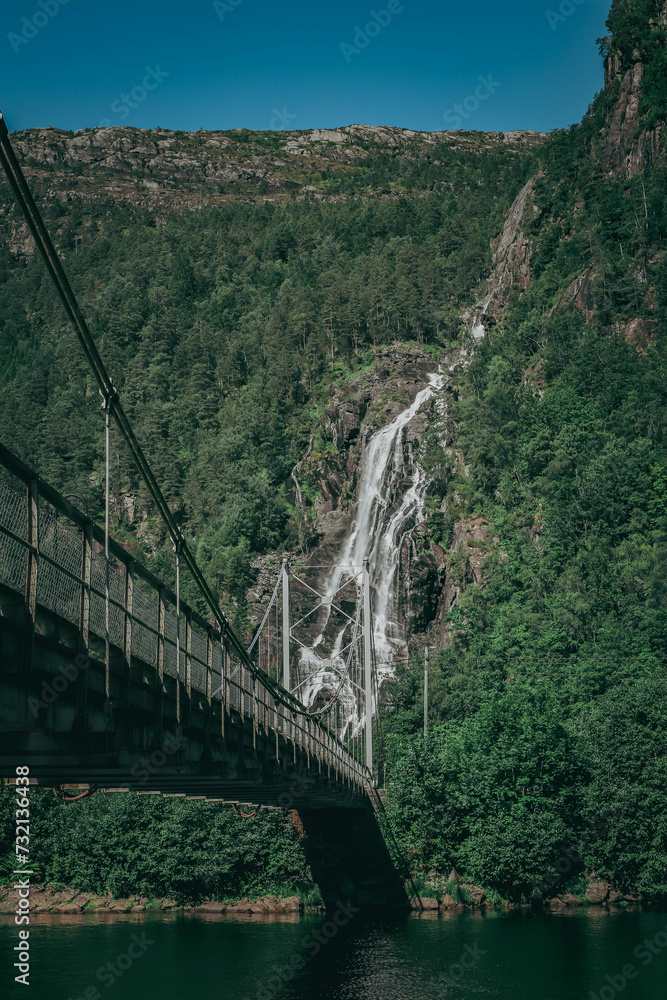 suspension bridge over the river in the mountains