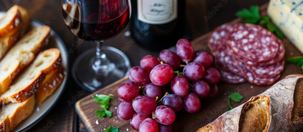 A cutting board displaying an assortment of natural foods including grapes, salami, cheese, and bread. A cutting board displaying an assortment of natural foods including grapes, salami, cheese, and bread.