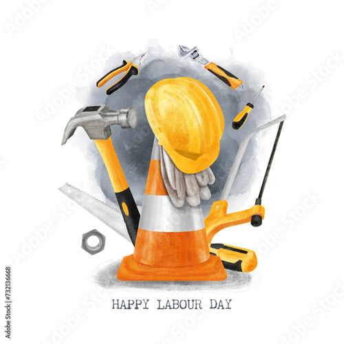 Watercolor Happy Labor Day hand drawn illustration with construction tools. Isolated on white background