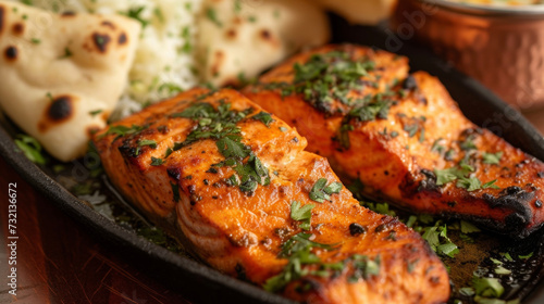 A glimpse into Indian culinary traditions with tandoori seasoned salmon perfectly cooked in the clay oven and served with a side of crisp flaky naan bread.
